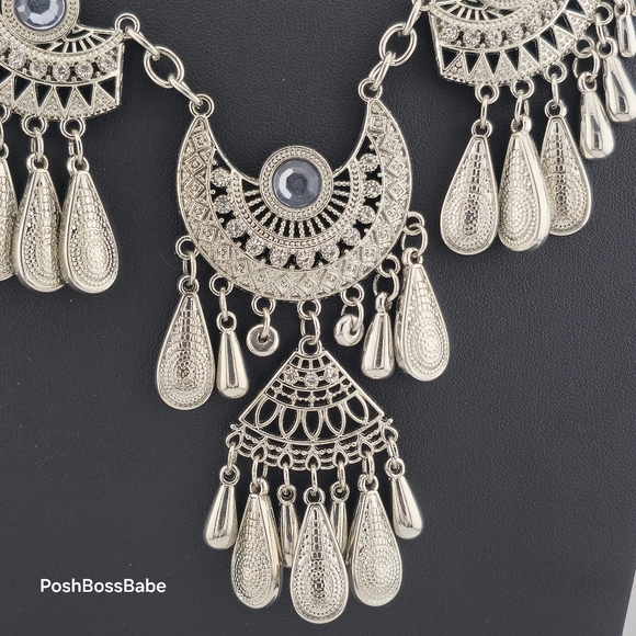 Boho Statement Necklace with Silver-Tone Crescent Medallions – 20-23" Length - Picture 3 of 12